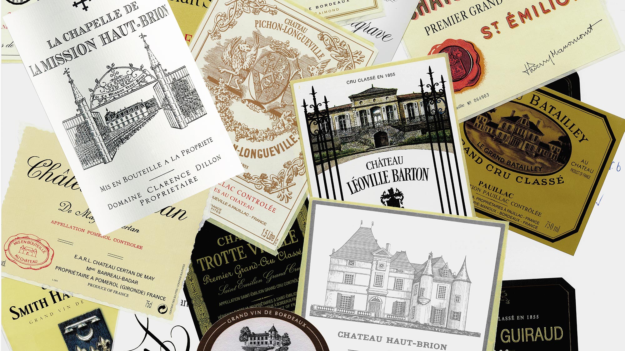 Étiquettes de prestigieux châteaux bordelais
